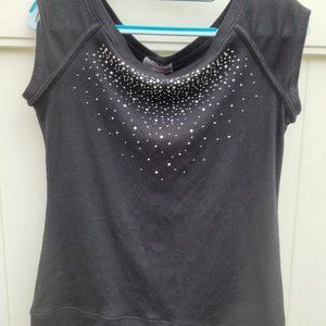 Festive Black with Sparkly gems capped-sleeve tops (size L)
